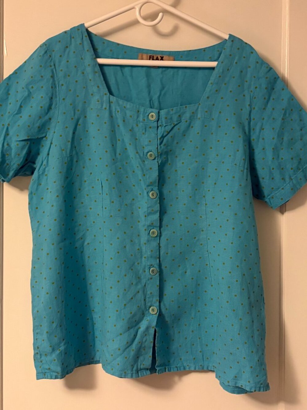 Flax 100% linen polka dot square neck button front blouse size large